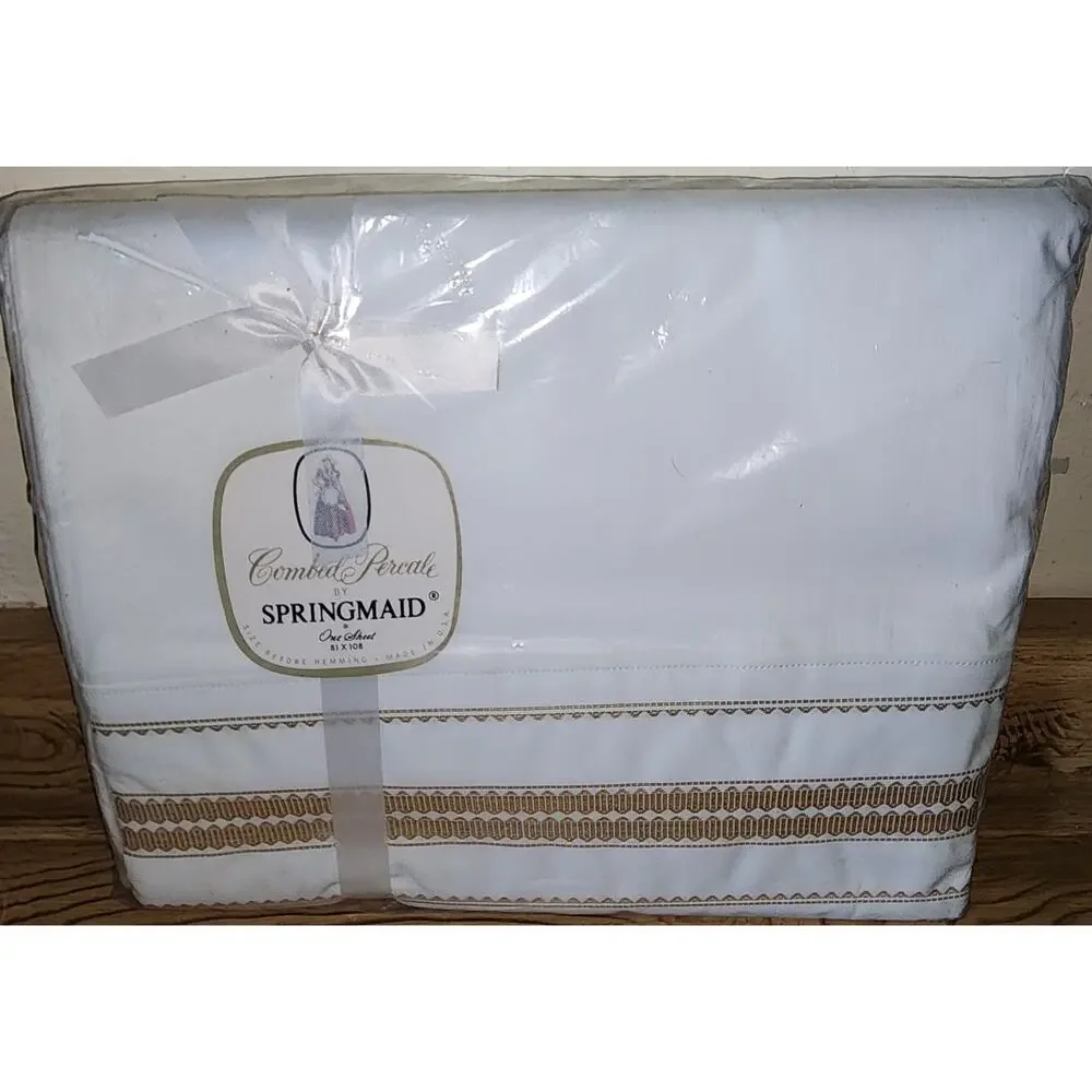 Vintage Springmaid Combed Percale Flat Sheet White Gold Trim 81x108 Made in USA